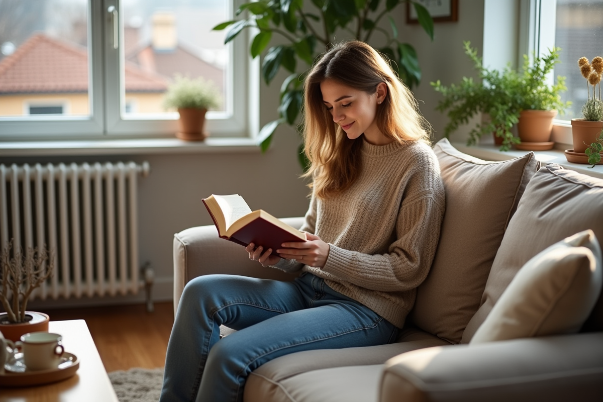 Femme lisant un livre dans un salon lumineux et accueillant