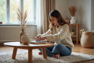 Femme assise sur un tapis en laine arrangeant des livres dans un salon chaleureux