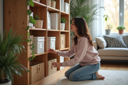 Jeune femme arrangeant des boîtes de rangement dans un salon moderne