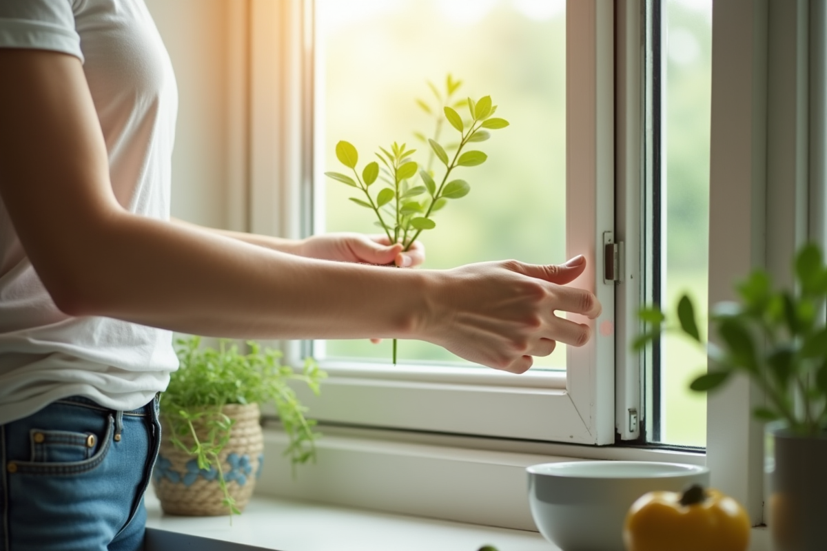 Femme ouvrant une fenêtre dans une cuisine lumineuse