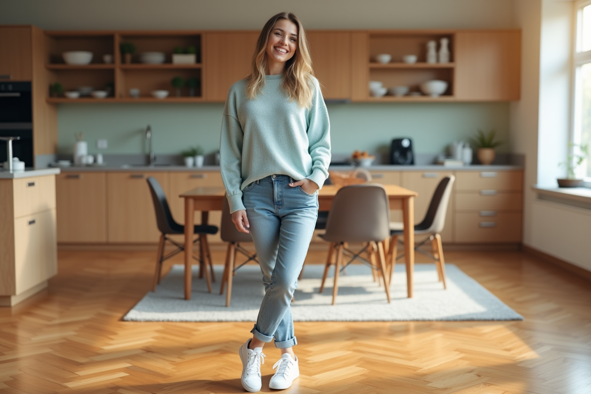 Femme admirant un parquet vitrifié brillant dans la salle à manger