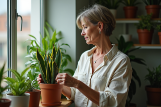Femme d'âge moyen touchant une plante robuste dans un salon lumineux