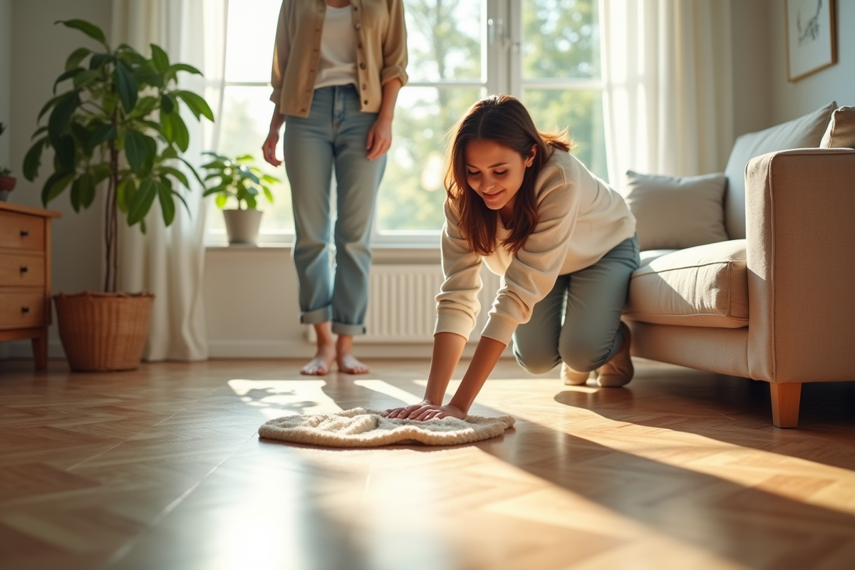Jeune femme souriante polissant un parquet brillant dans le salon