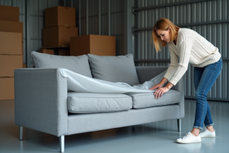 Femme enveloppant un canapé gris dans un sac plastique dans un local de stockage