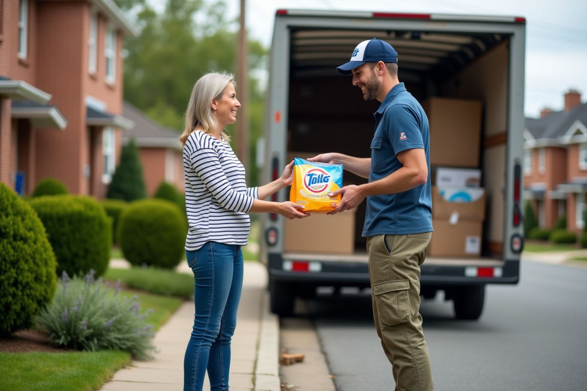 Femme donnant un paquet de lessive à un déménageur devant une camionnette