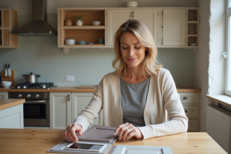 Femme examinant des échantillons de cuisine en rénovation
