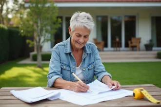 Femme examinant plans de renovation dans son jardin