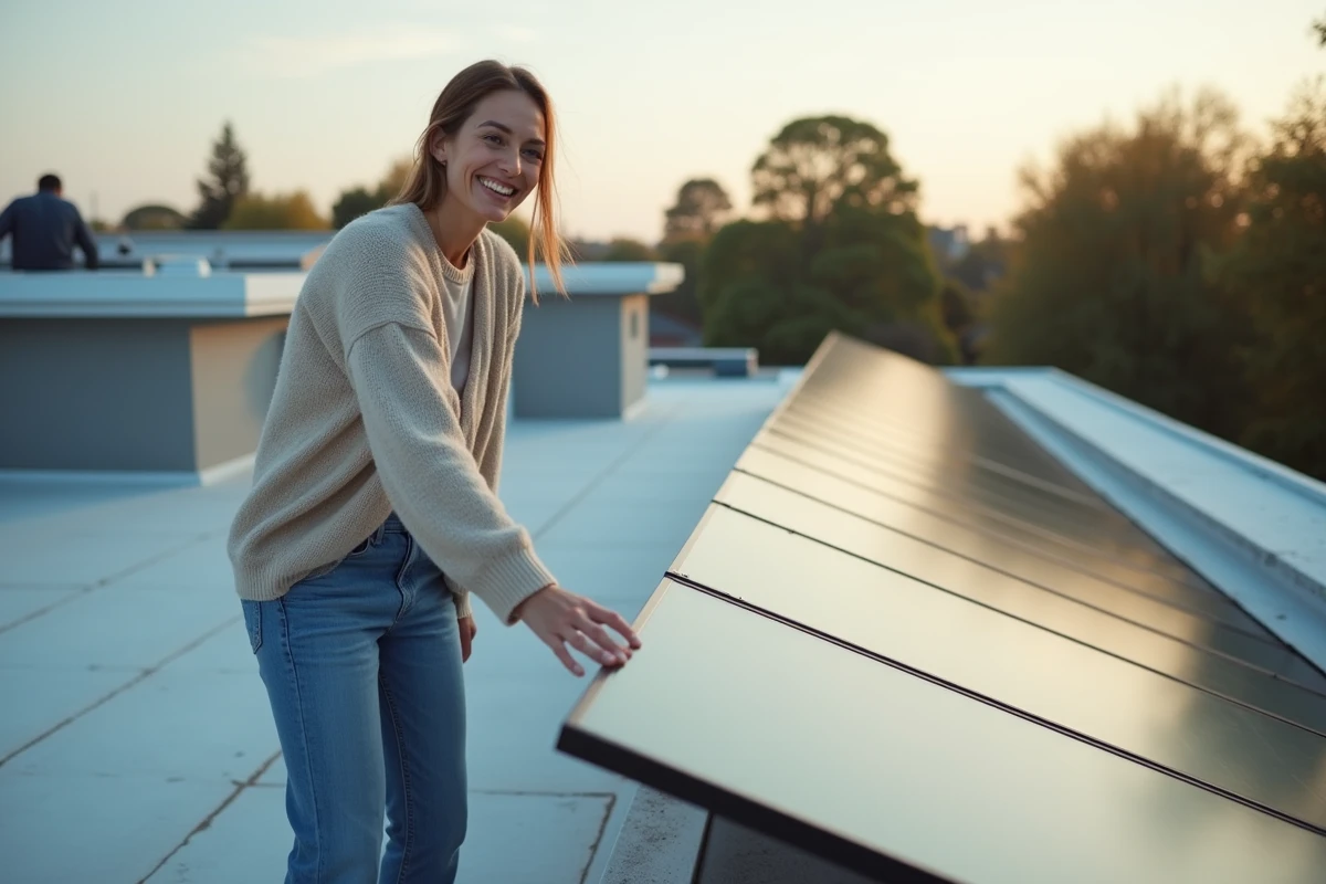 Femme souriante inspectant des panneaux solaires sur un toit résidentiel