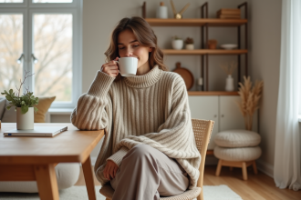 Jeune femme en salon scandinave paisible et élégante