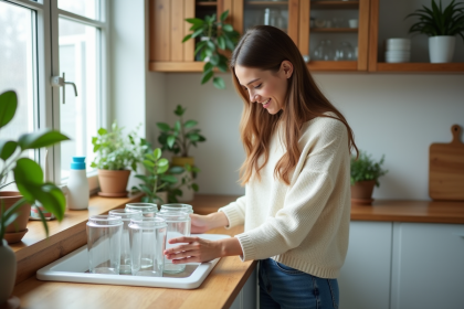 Jeune femme trie des déchets dans une cuisine moderne