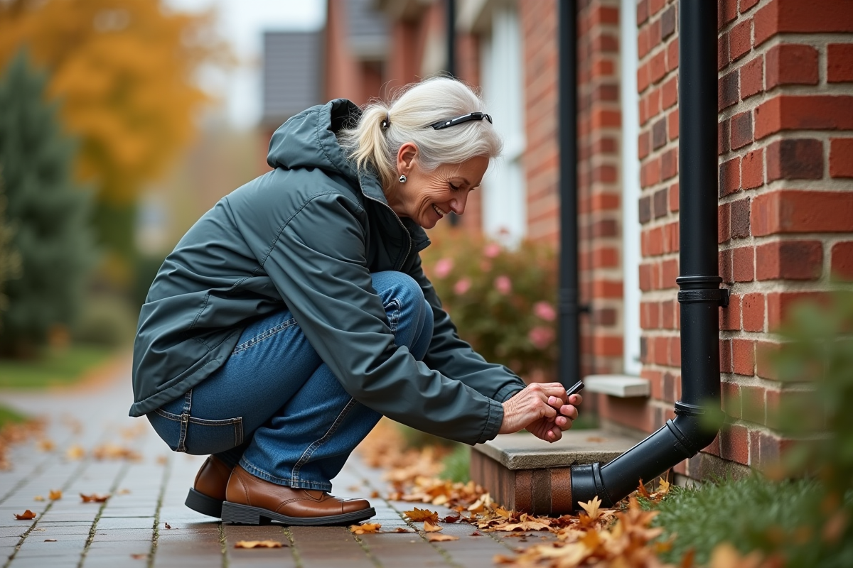 Femme retraitée inspecte une gouttière en cuivre devant une maison