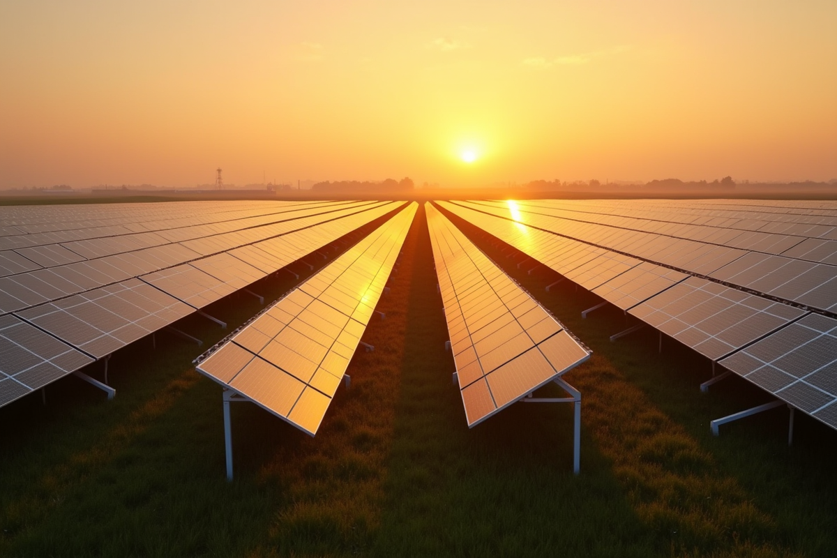 Grande ferme solaire dans un paysage rural au lever du soleil