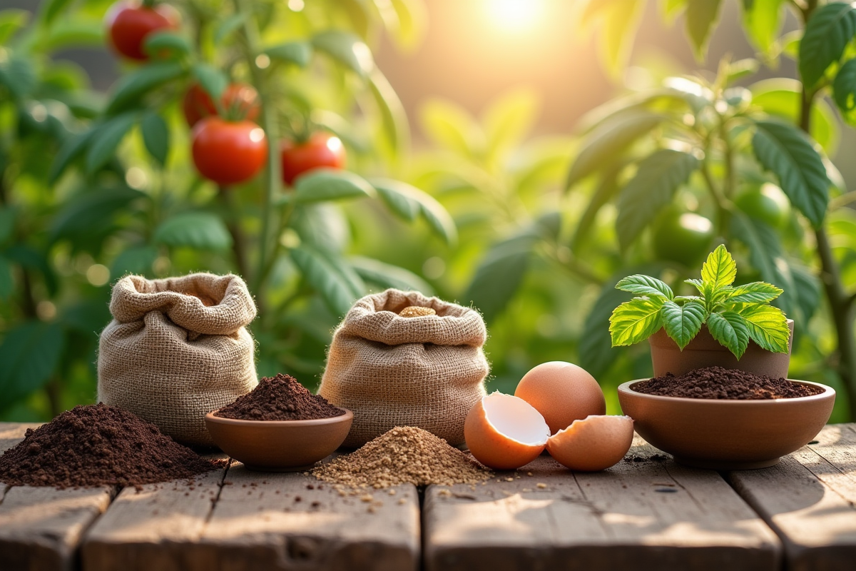 Table rustique avec fertilisants naturels et plants de tomates