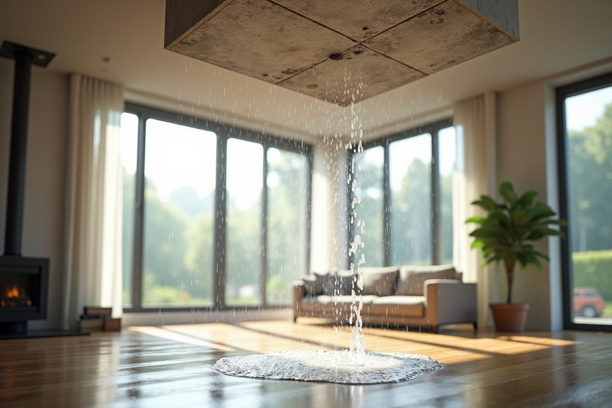Fuite d'eau sur plafond en béton dans un salon lumineux