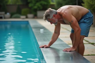 Homme d'âge moyen touchant le rebord en acier du piscine