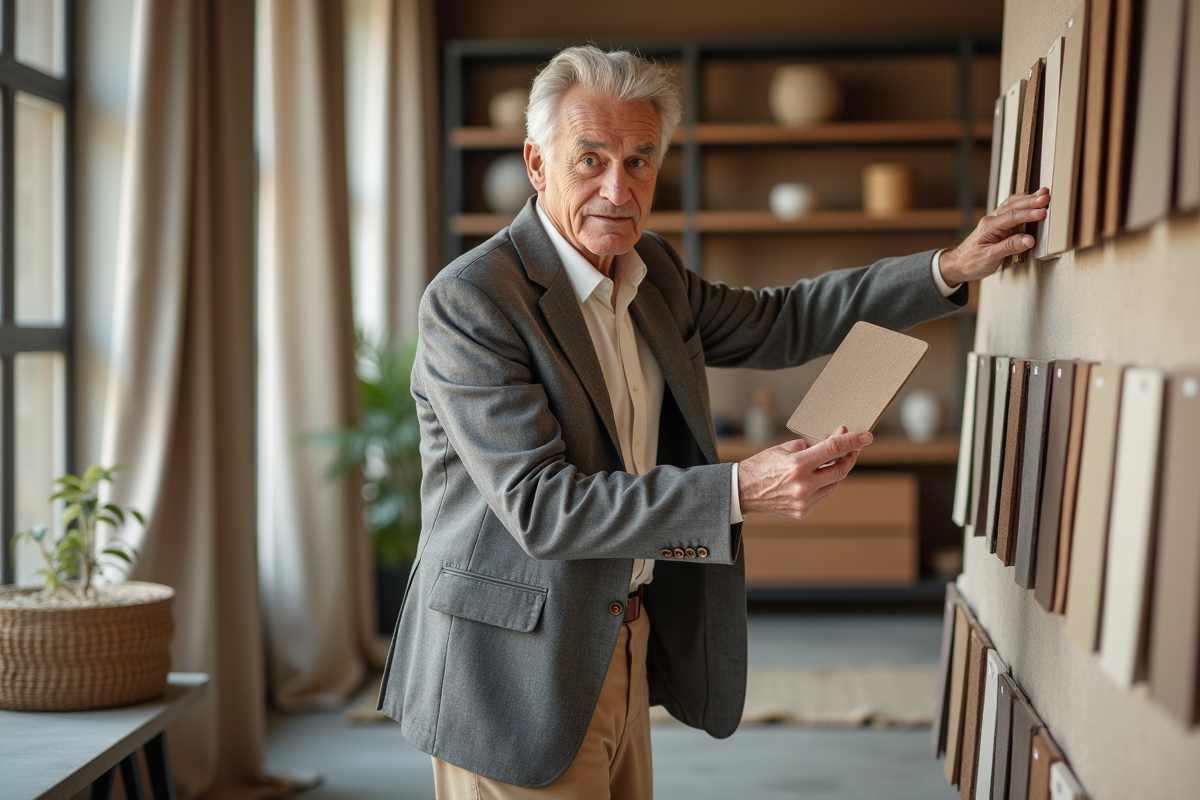 Homme choisissant des échantillons de peinture dans un studio