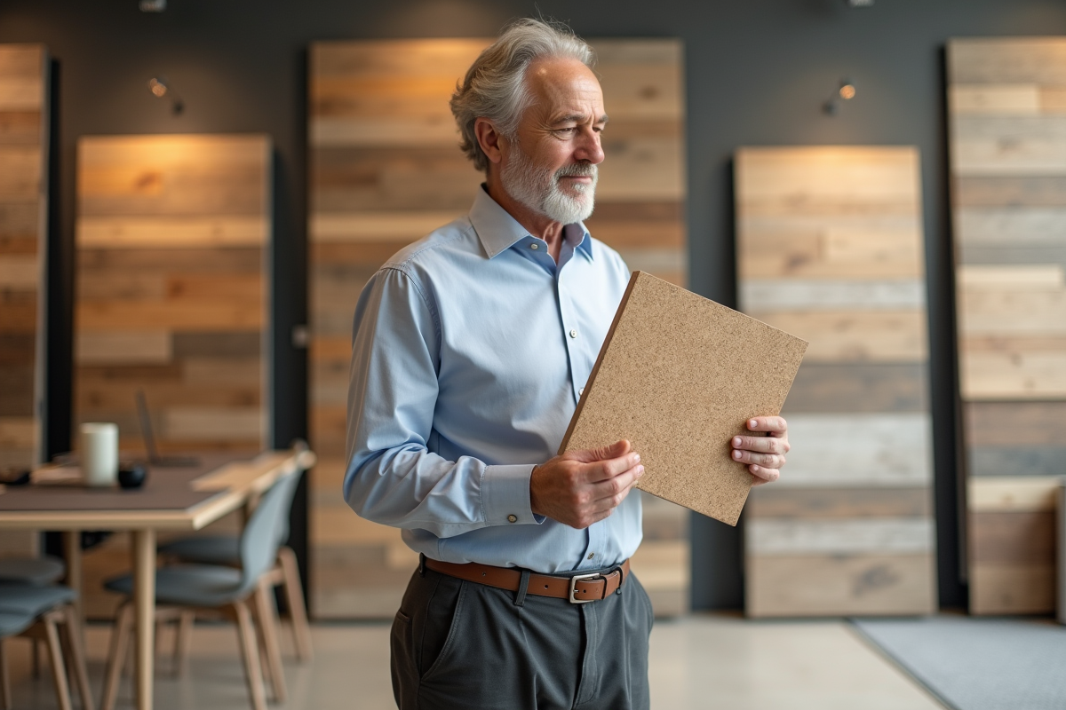 Homme observe un carrelage écologique dans un showroom