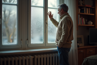 Homme d'âge moyen touchant une fenêtre givrée dans un salon chaleureux