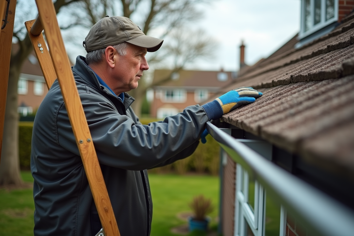 Homme en tenue de travail examine une gouttière zinc moderne