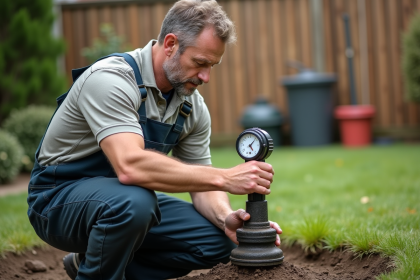 Homme en overalls examine une pompe à sable dans un jardin