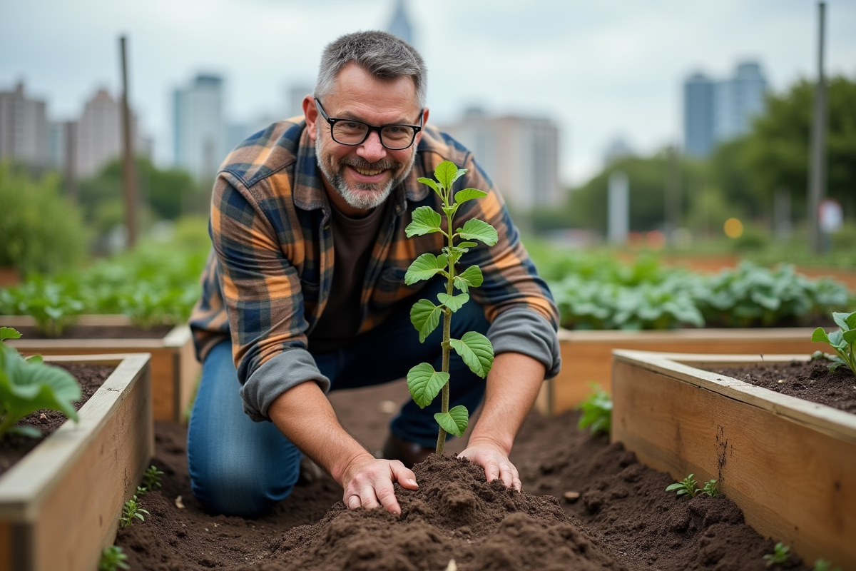 Homme plante un jeune arbre dans un jardin communautaire