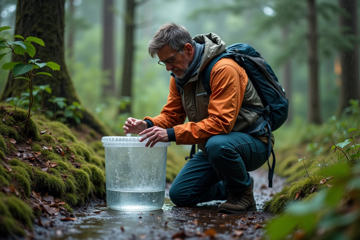 Homme en équipement de randonnée collecte l