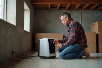 Homme ajustant le thermostat dans un sous-sol en construction