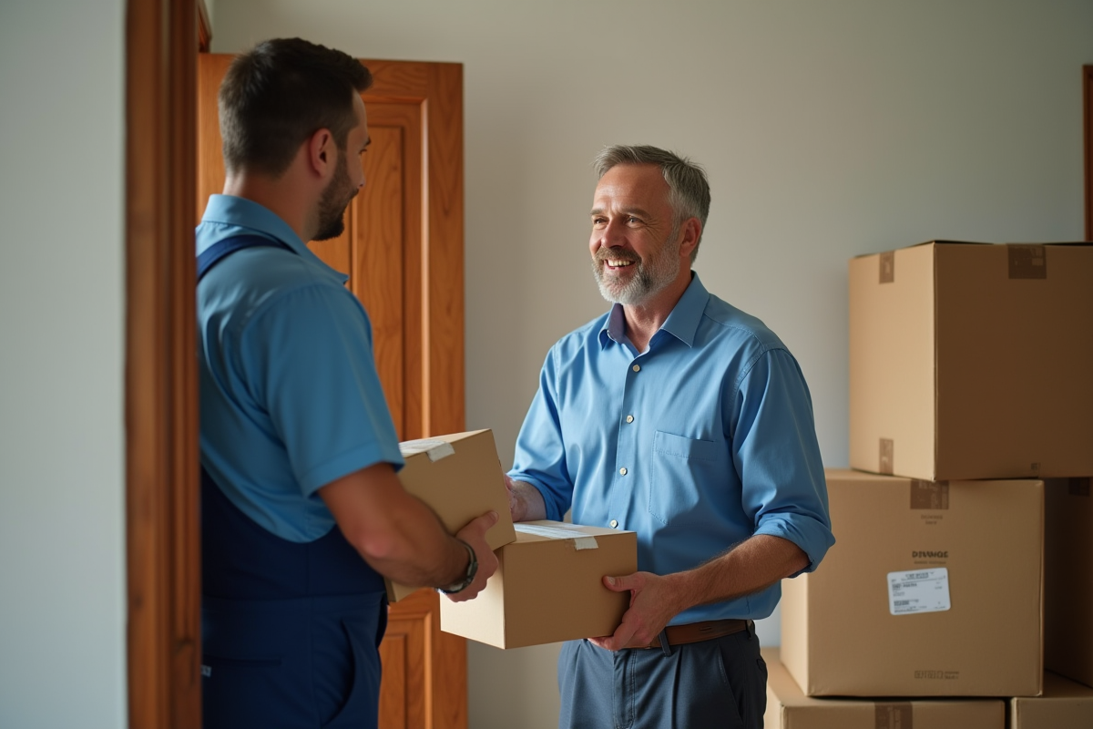 Homme remettant un paiement à un déménageur dans une maison