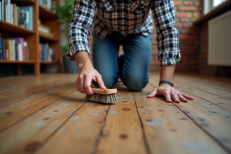 Homme en jeans et chemise à carreaux rénovant un parquet ancien