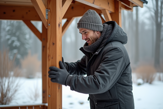 Homme en parka répare un gazebo en hiver dans le jardin