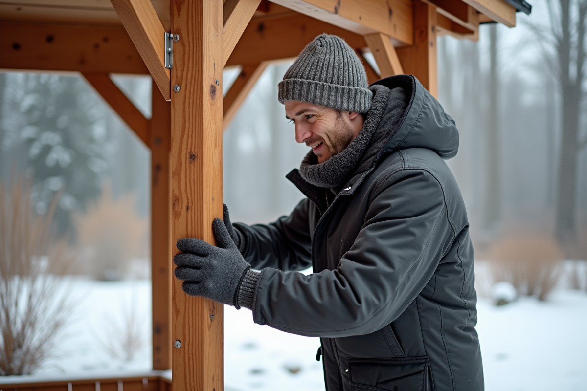 Homme en parka répare un gazebo en hiver dans le jardin