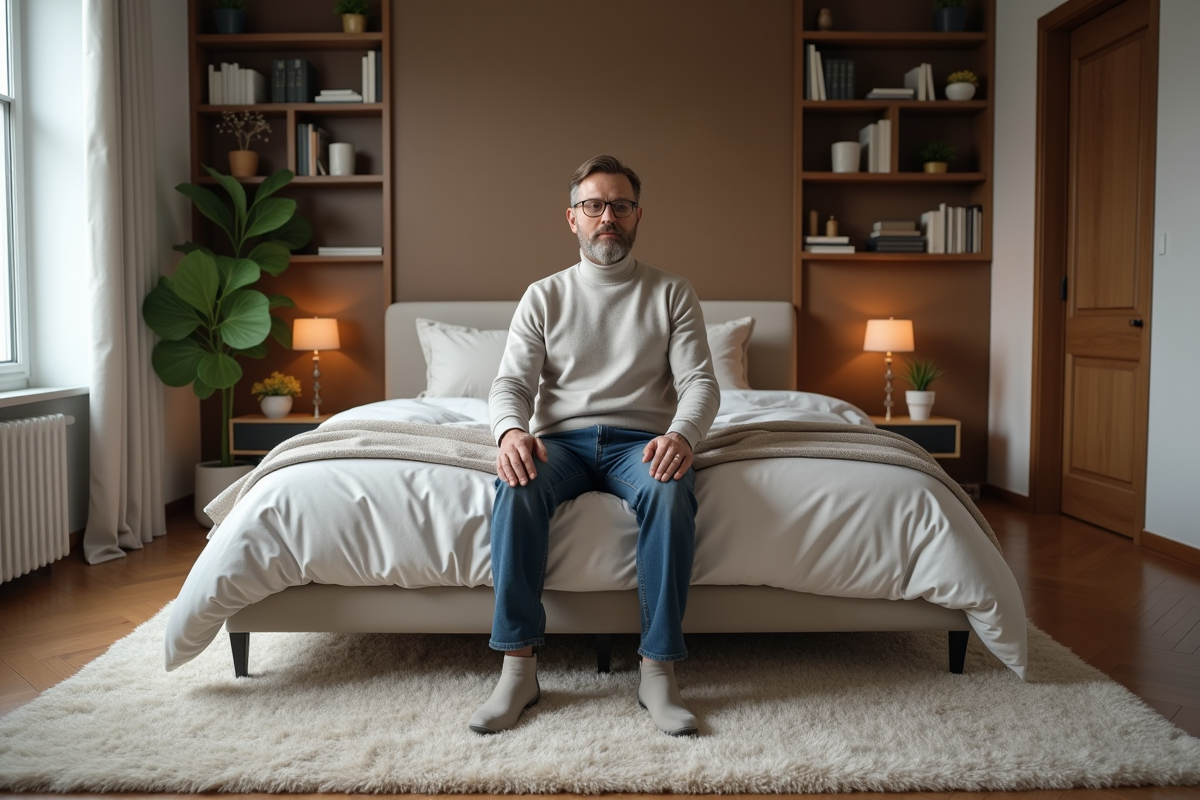 Homme assis près d’un grand tapis dans une chambre moderne