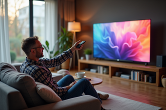Homme d'âge moyen regardant la télévision QLED dans un salon moderne