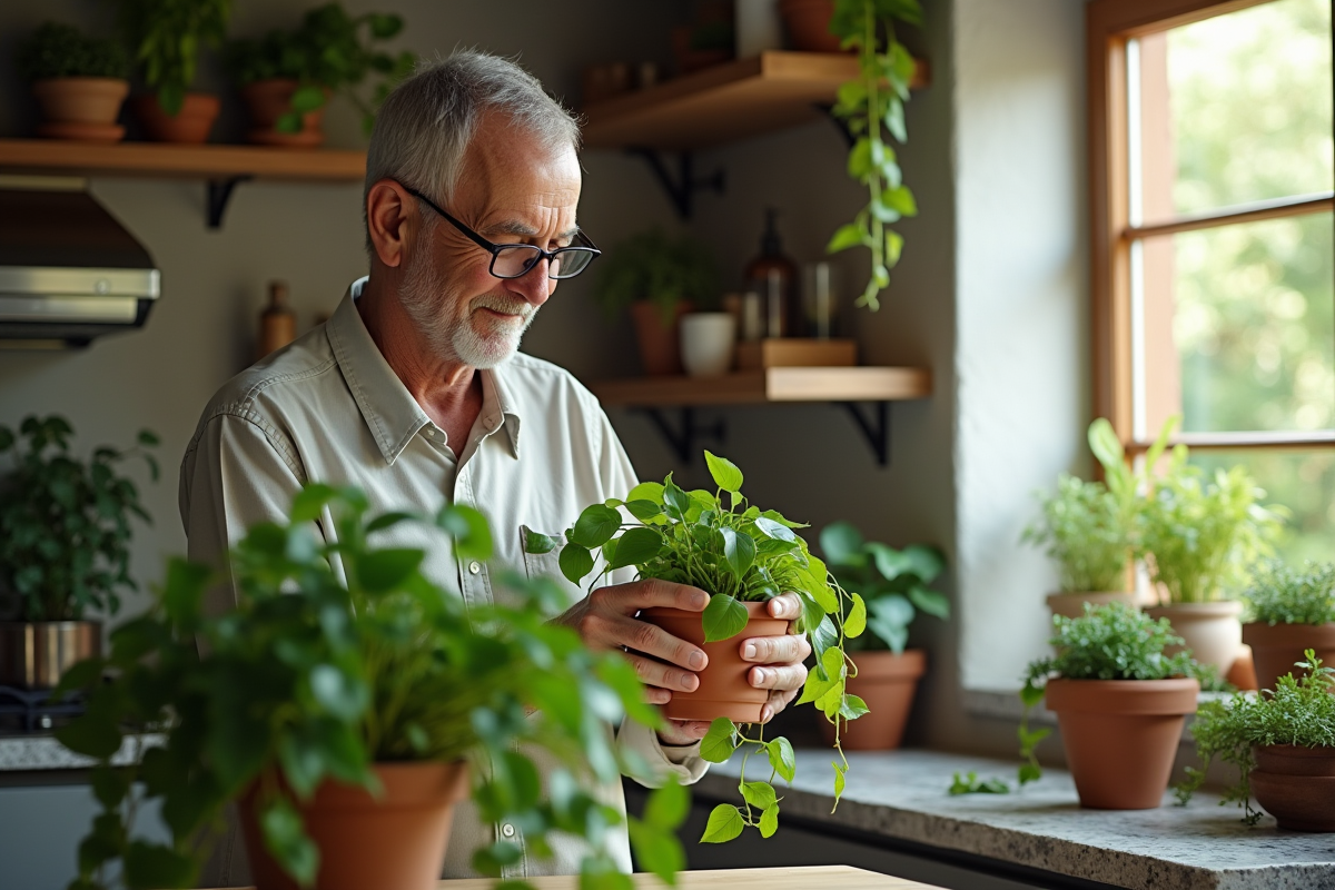 Homme âgé prenant soin d une plante dans une cuisine ensoleillée