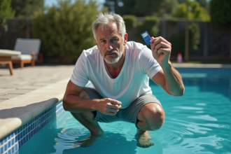 Homme d'âge moyen examinant un test de piscine