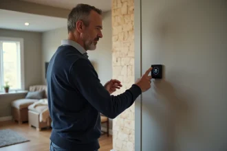 Homme d'&acirc;ge moyen ajustant un thermostat intelligent dans un int&eacute;rieur r&eacute;nov&eacute;