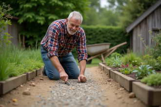 Homme d'âge moyen levelant le gravier dans un jardin rural