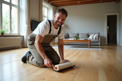 Homme en overalls appliquant du vitrificateur sur un parquet