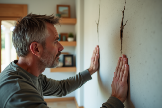 Homme d'âge moyen inspectant une fissure sur un mur intérieur