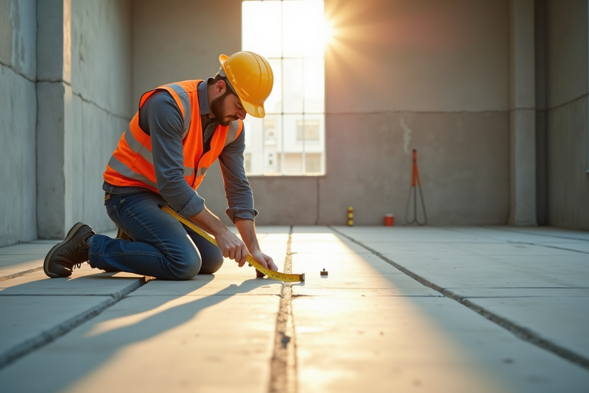 Ouvrier contrôlant des surfaces en béton sur un chantier