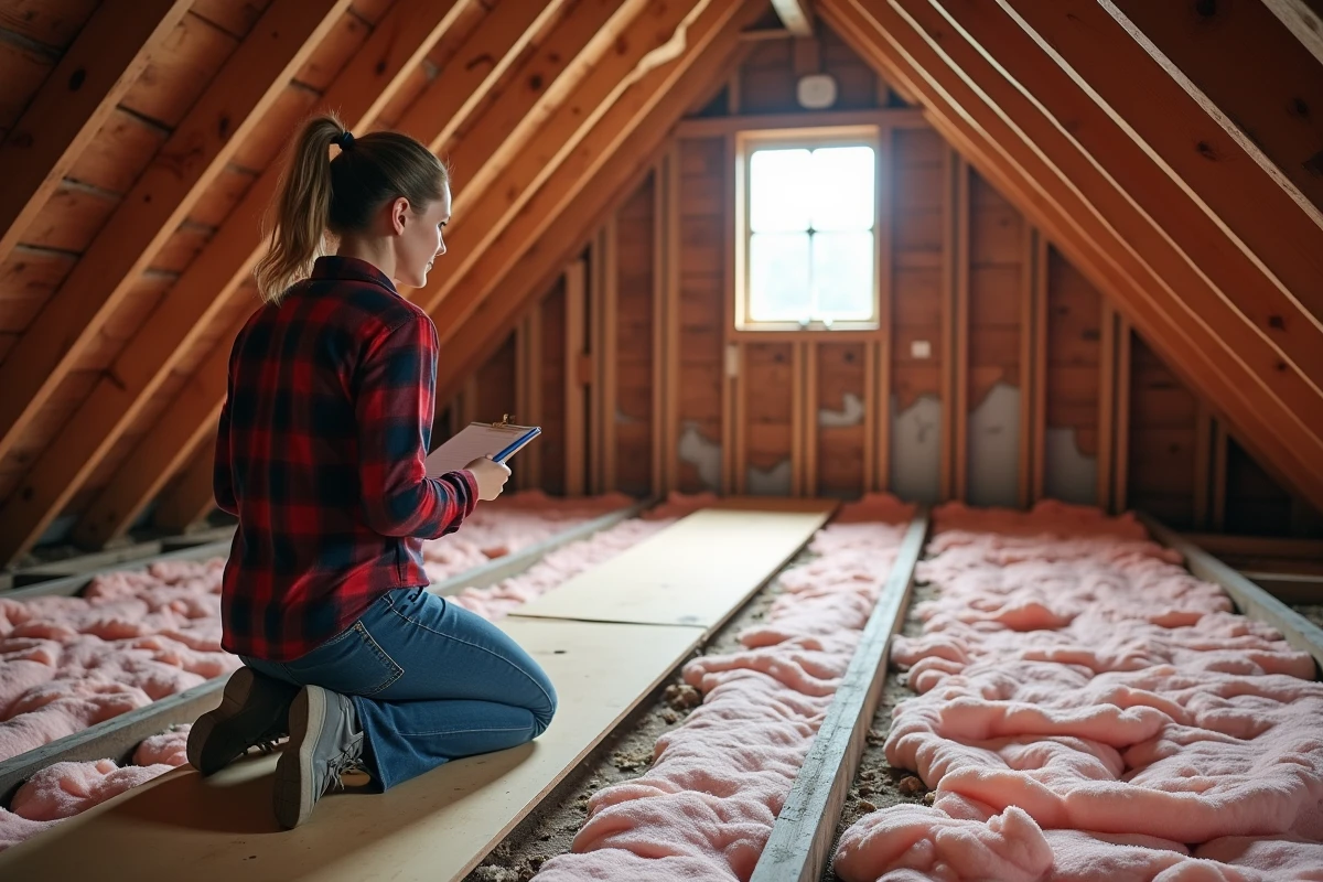Propriétaire inspectant une isolation de combles dégradée avant des travaux de rénovation thermique