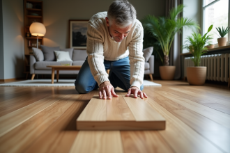 Homme moyen âge inspectant un parquet en chêne naturel