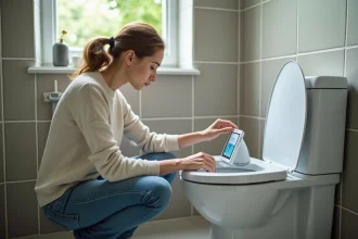 Femme inspectant un réservoir d'eau de pluie dans la salle de bain