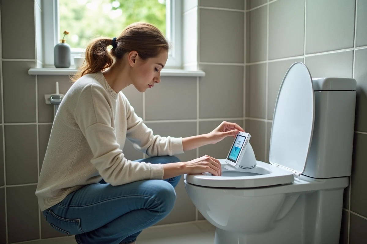 Femme inspectant un réservoir d'eau de pluie dans la salle de bain