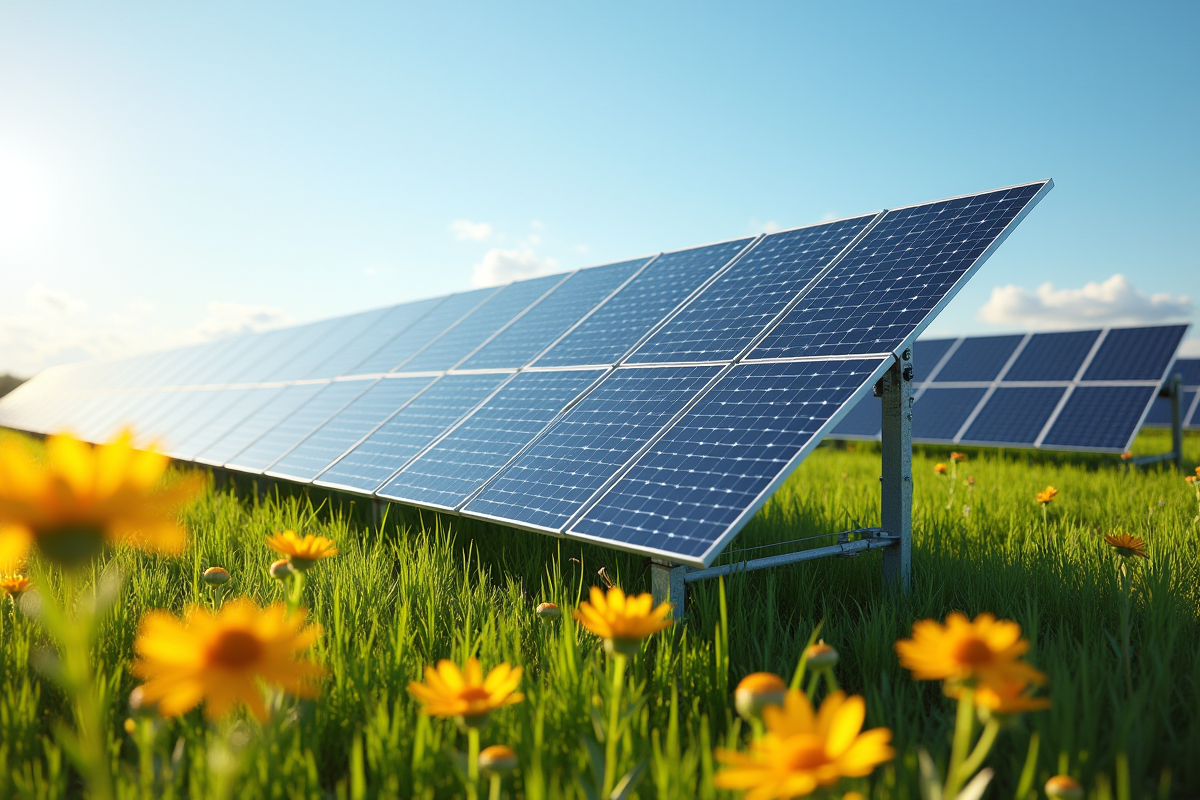 Installation moderne de panneaux solaires dans un champ verdoyant