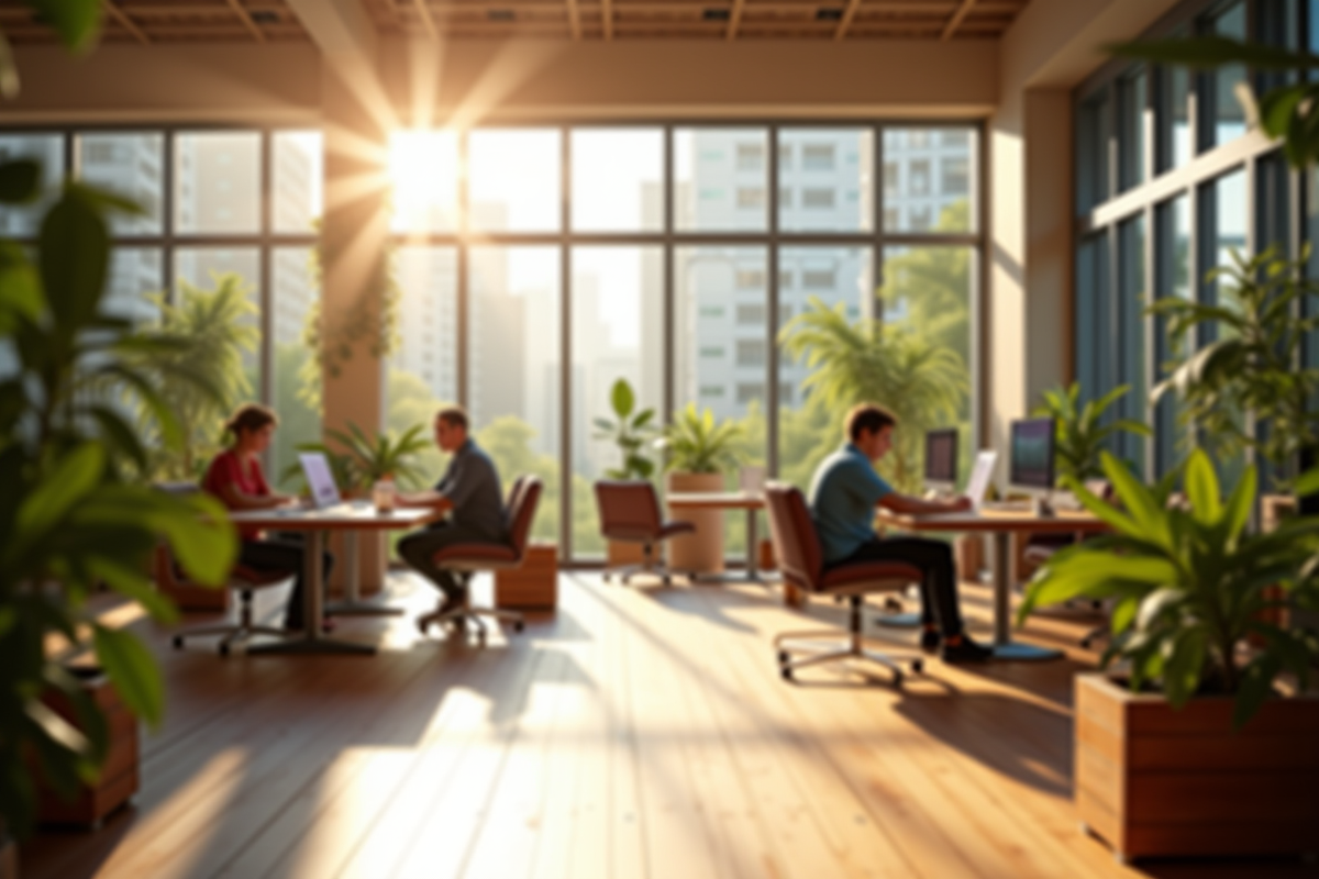 Intérieur de bureau moderne avec matériaux durables et plantes
