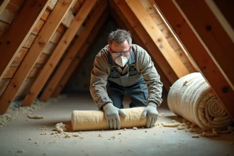 Artisan posant des rouleaux de laine minérale entre les solives d'un grenier lors d'une isolation des combles