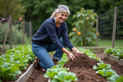 Femme jardinant avec engrais naturel dans un jardin luxuriant