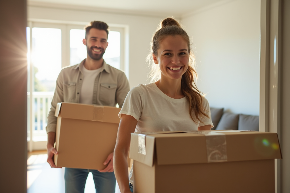 Jeune couple souriant portant des cartons dans un appartement lumineux