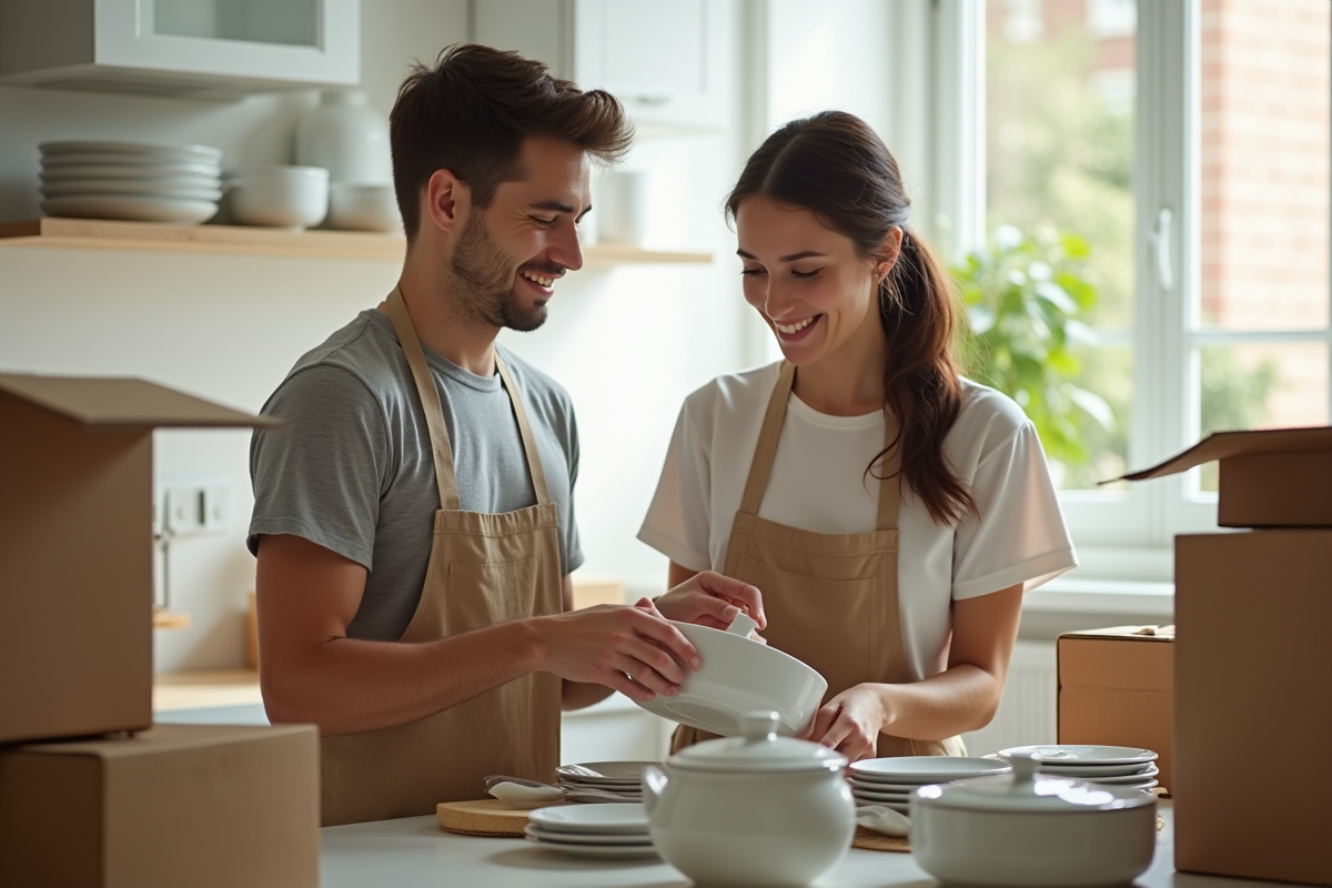Jeune couple emballant de la vaisselle dans une cuisine lumineuse